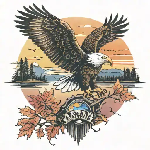 Army Eagle Bright Fall Colored Leaves And Trees Colors Sunset Over Lake In Distance In Background