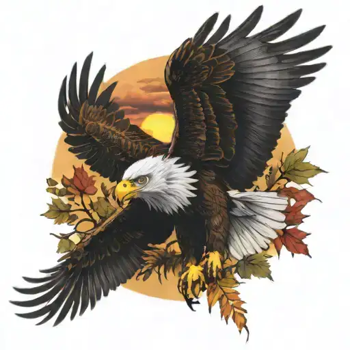 Army Eagle Bright Fall Colored Leaves And Trees Colors Sunset Over Lake In Distance In Background