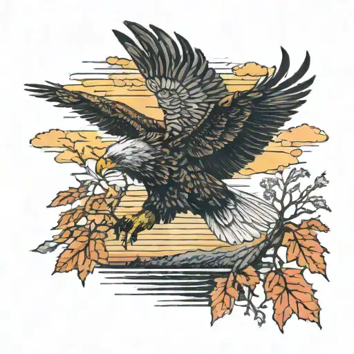 Army Eagle Bright Fall Colored Leaves And Trees Colors Sunset Over Lake In Distance In Background