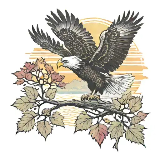 Army Eagle Bright Fall Colored Leaves And Trees Colors Sunset Over Lake In Distance In Background