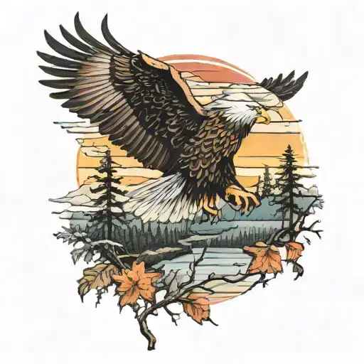 Army Eagle Bright Fall Colored Leaves And Trees Colors Sunset Over Lake In Distance In Background