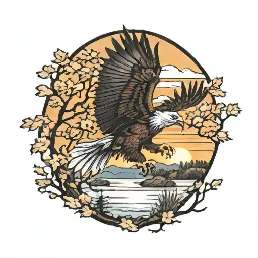 Army Eagle Bright Fall Oak Tree Colored Leaves With Sunset Over Lake In Distance In Background