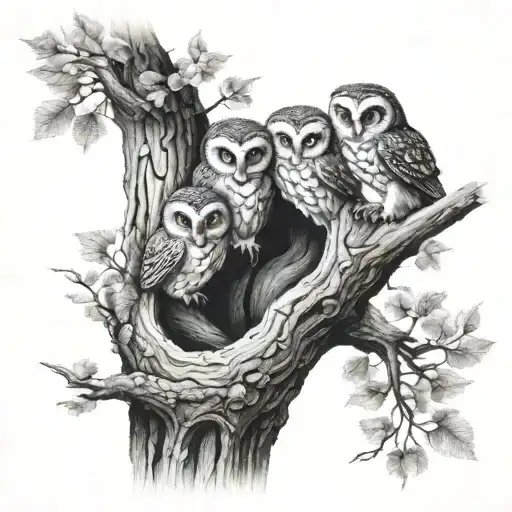 Hollow Tree With Three Baby Owls Inside