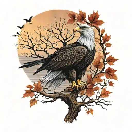 Army Eagle On Oak Tree With Fall Colored Leaves In Front Of Lake Background With Sunset