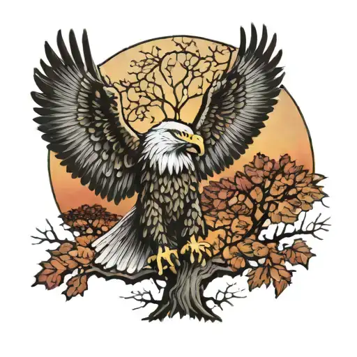 Army Eagle On Oak Tree With Fall Colored Leaves In Front Of Lake Background With Sunset