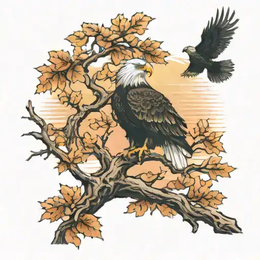 Army Eagle On Oak Tree With Fall Colored Leaves In Front Of Lake Background With Sunset
