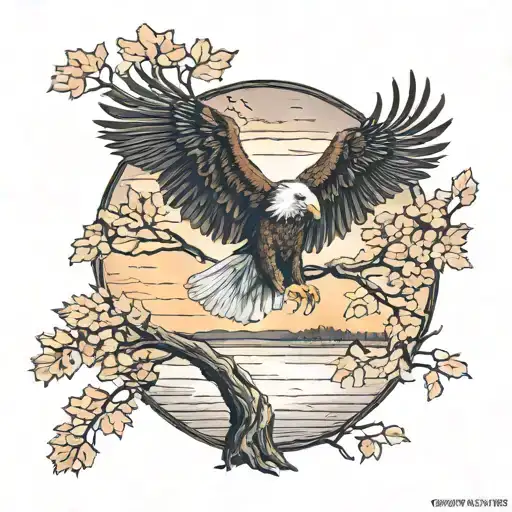 Army Eagle On Oak Tree With Fall Colored Leaves In Front Of Lake Background With Sunset