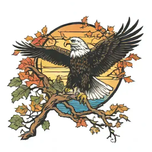 Army Eagle On Oak Tree With Fall Colored Leaves In Front Of Lake Background With Sunset