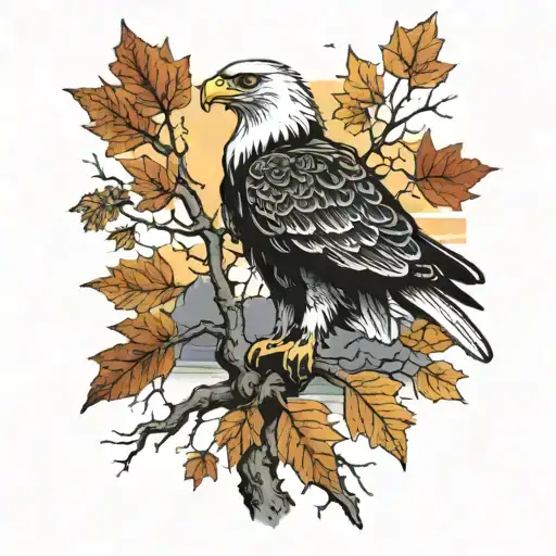 Army Eagle On Oak Tree With Fall Colored Leaves In Front Of Lake Background With Sunset