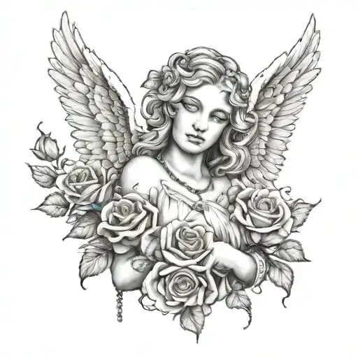Angel Wings Woman With Tear Holding Roses And Wreath Entwined With Chain