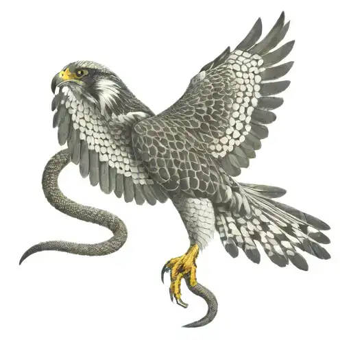 A Falcon With Spread Wings And A Snake In Its Claws