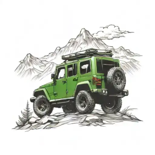 Mountain Scene With A Jeep Driving