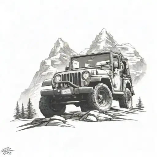 Mountain Scene With A Jeep Driving With Eagle Soaring