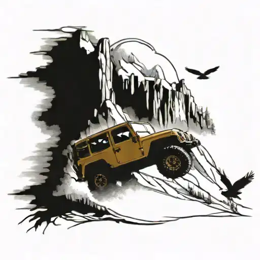 Mountain Scene With A Jeep Driving With Eagle Flying