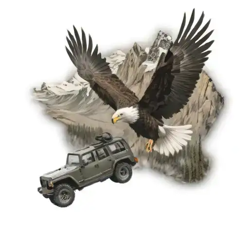 Mountain Scene Eagle Flying And Jeep Driving In The Foreground