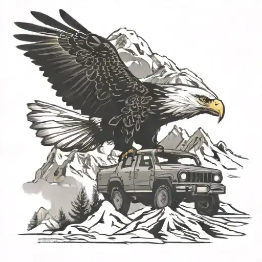 Mountain Scene Eagle Flying And Jeep Driving In The Foreground