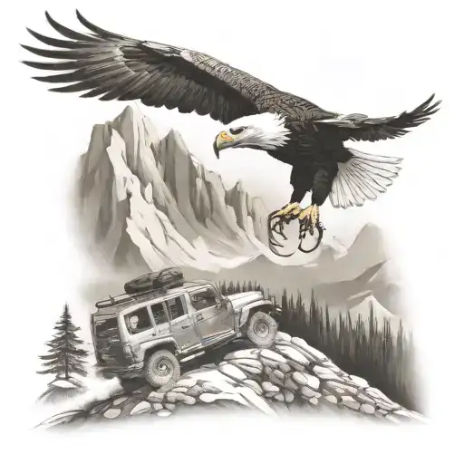 Mountain Scene Eagle Flying And Jeep Driving In The Foreground