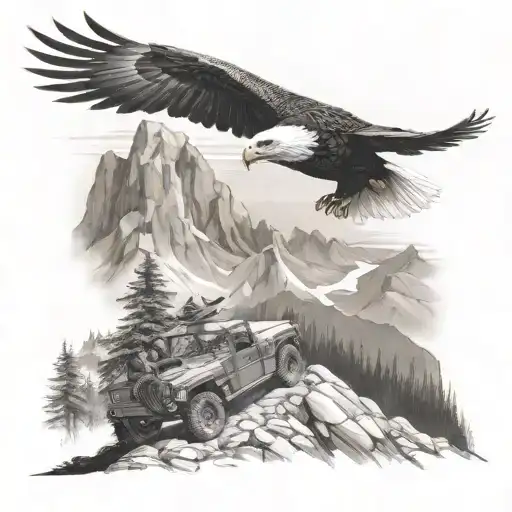 Mountain Scene Eagle Flying And Jeep Driving In The Foreground