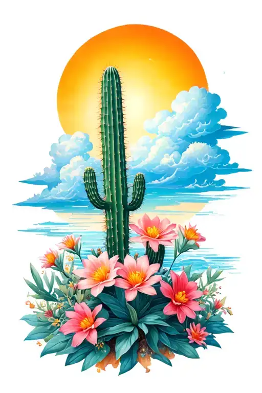 Ocean Sun Rising Clouds Cactus Flowers