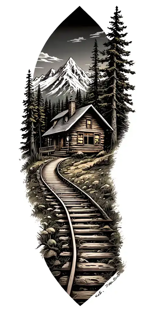 Mountain Cabin And Rail Winding Road Leading