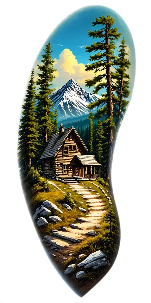 Mountain Cabin And Trail Winding Road Leading Its Pack