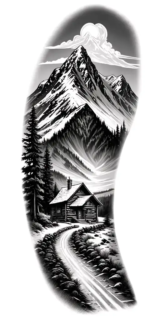 Mountain Cabin And Trail Winding Road Leading Its Pack