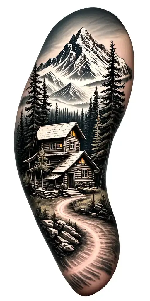 Mountain Cabin And Trail Winding Road Leading Its Pack