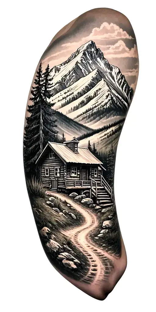 Mountain Cabin And Trail Winding Road Leading Its Pack