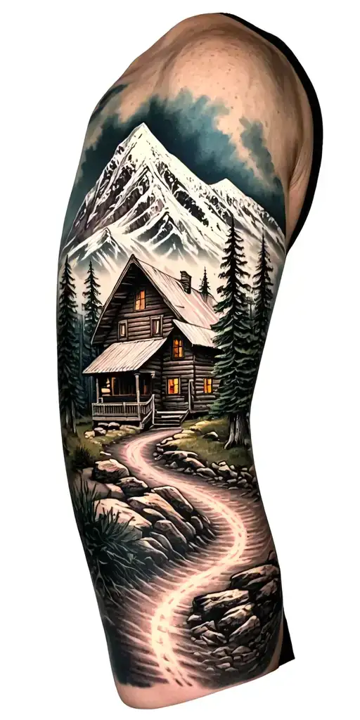 Mountain Cabin And Trail Winding Road Leading Its Pack