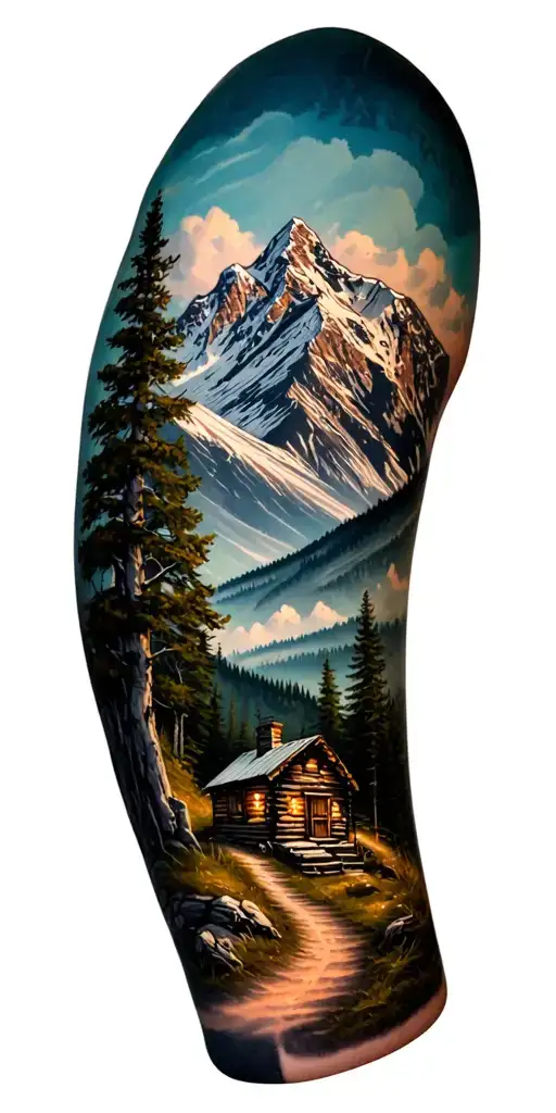 Mountain Cabin And Trail Winding Road Leading Its Pack