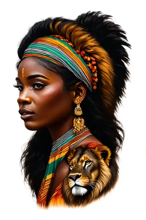 African Woman Warror With Stried Audin Ellended With A Lion And The African Savannah At The Back