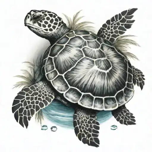 Sea Turtle With Palm Tree Growing On Back