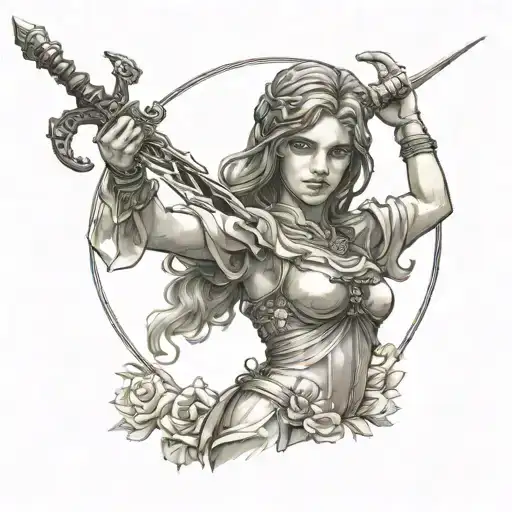 Statue Of A Girl In A Dress And With A Sword