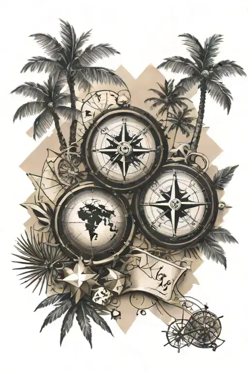 World Map And Compass Rose With Sun And Palm Tree And Dice