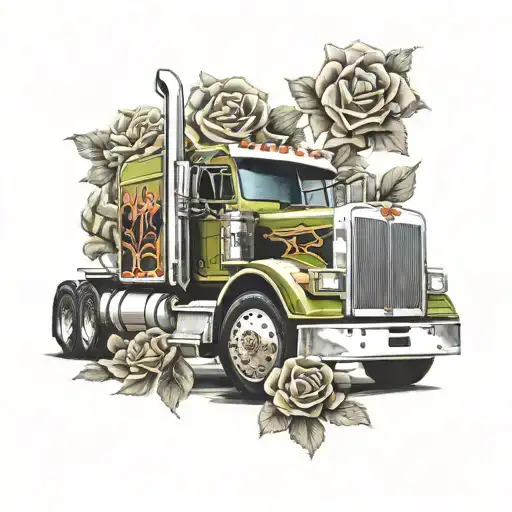 A Realistic Portrait Of A Peterbilt Truck With A Background Of Vibrant Roses