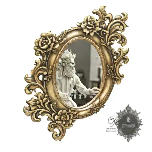 An Oval Gold Framed Mirror With Black Inside The Frame