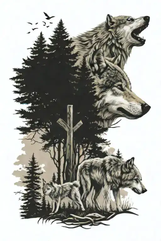 Cross With Trees In The Background And Wolves