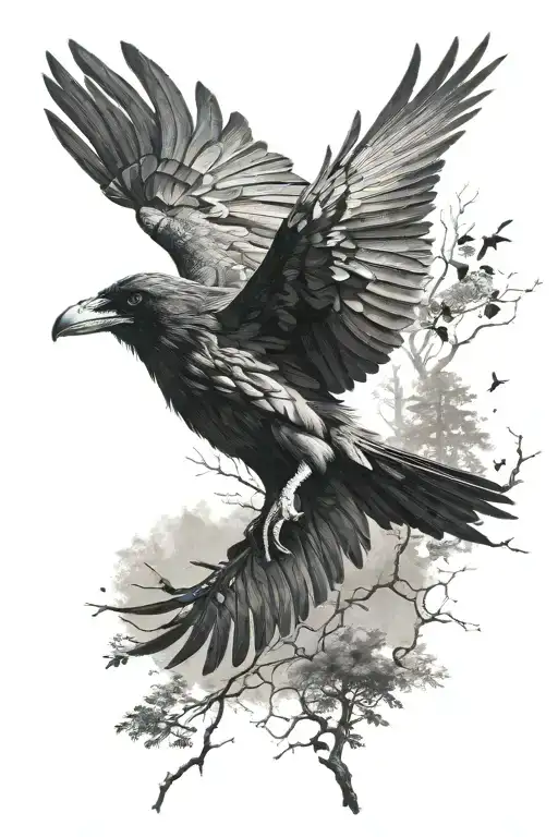 Raven Flying Forest Landscape