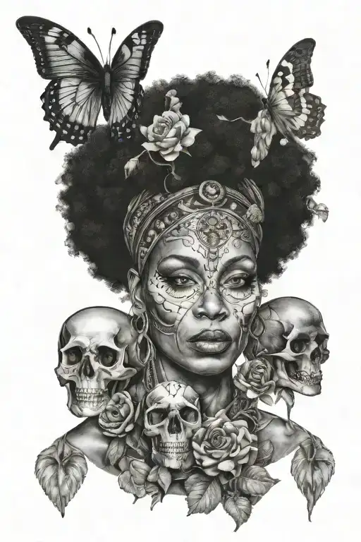 Black Female Afro High Priestess With Tarot Card Featuring Skulls Crystals And Lunar Moth