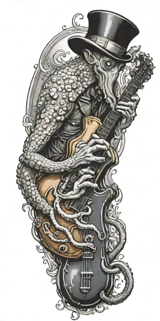 An Octopus In A Top Hat Playing A Guitar On His Shoulder And Holding A Diving Tank