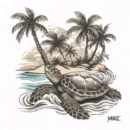 Beach With Palm Trees Sea Turtle Waves