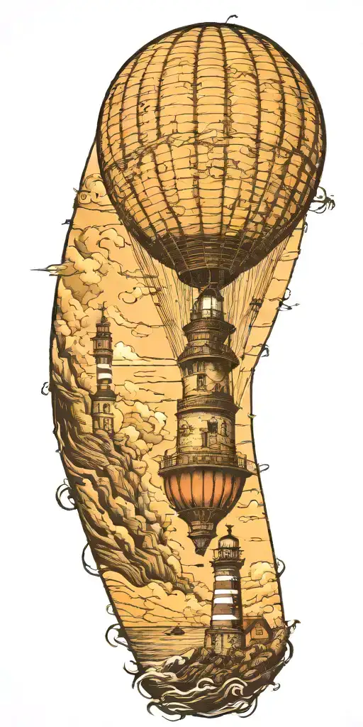 Hot Air Balloon And A Lighthouse In Hurricane