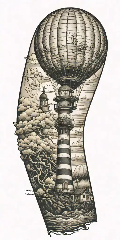 Hot Air Balloon And A Lighthouse In Hurricane