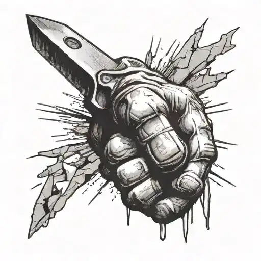Fist Holding A Knife In A Stone Optic Like With A Shadow Of Two Fighting Guys In The Background