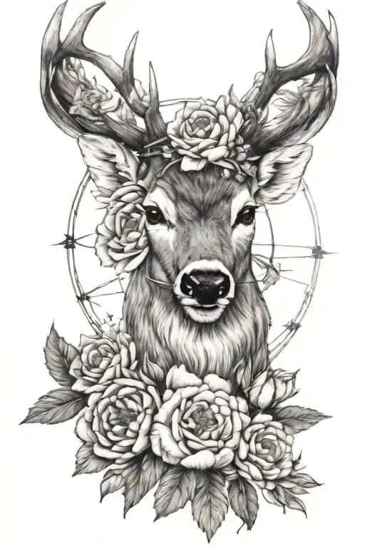 Deer With Peonies And Compass Rose With Fine Line Realistic