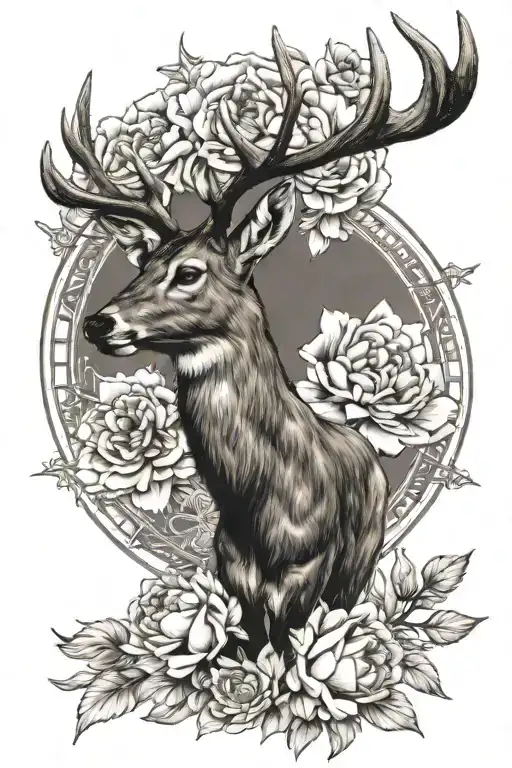 Deer With Peonies And Compass Rose With Fine Line Realistic