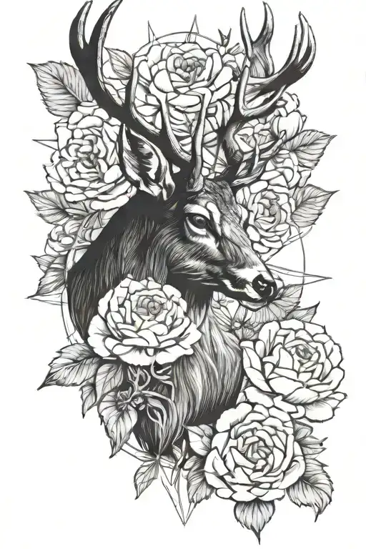 Deer With Peonies And Compass Rose With Fine Line Realistic