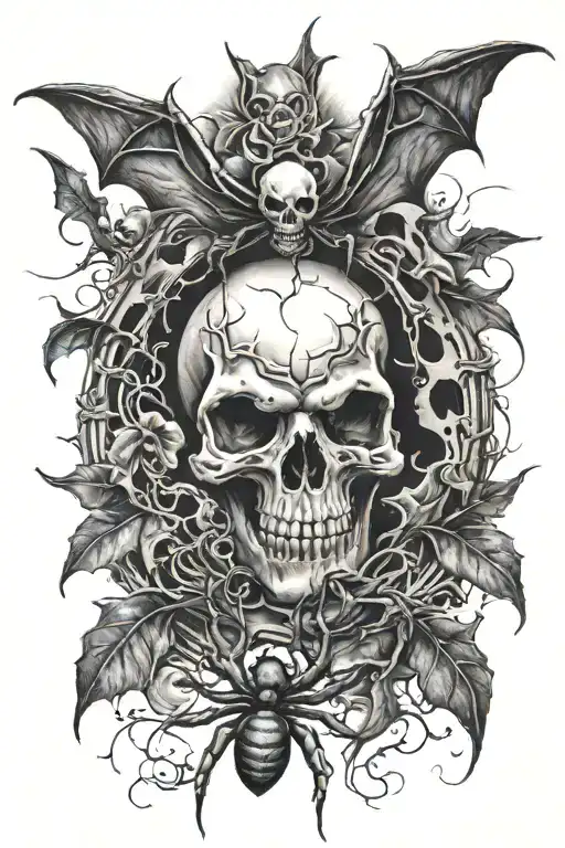 A Skull Spider With Ghost And Bats
