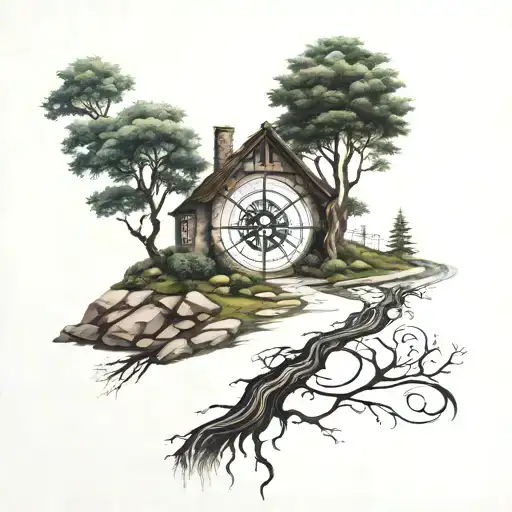 Stone Road Leading To Life Of Tree With House And Rune Compass Rose