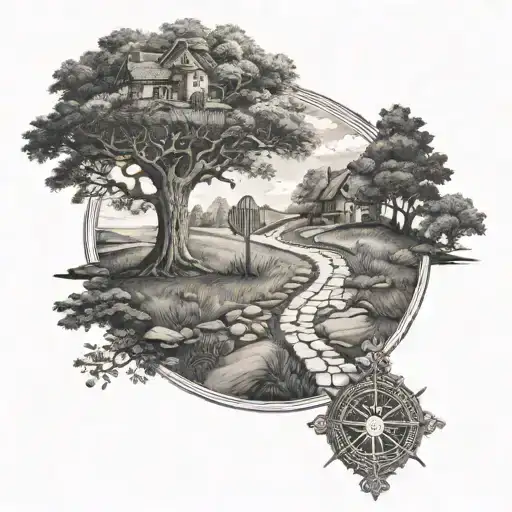 Long Stone Road Leading To House With Oak Tree Of Life With Rune Compass